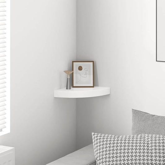 Floating Corner Shelf, 9.8-inch Wall Mounted Corner Shelves for Bedroom Living Room, Modern High Gloss White MDF Storage Rack, Easy Install Decorative Display Shelving