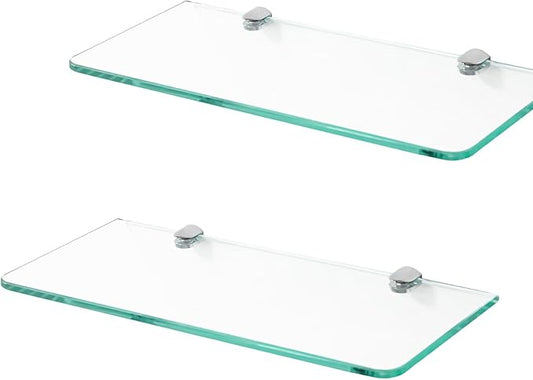 2-Pack Glass Bathroom Shelves – 16” x 5” Wall-Mounted with Chrome Finish – Tempered Glass Floating Shelf for Toiletries, Towels & Décor