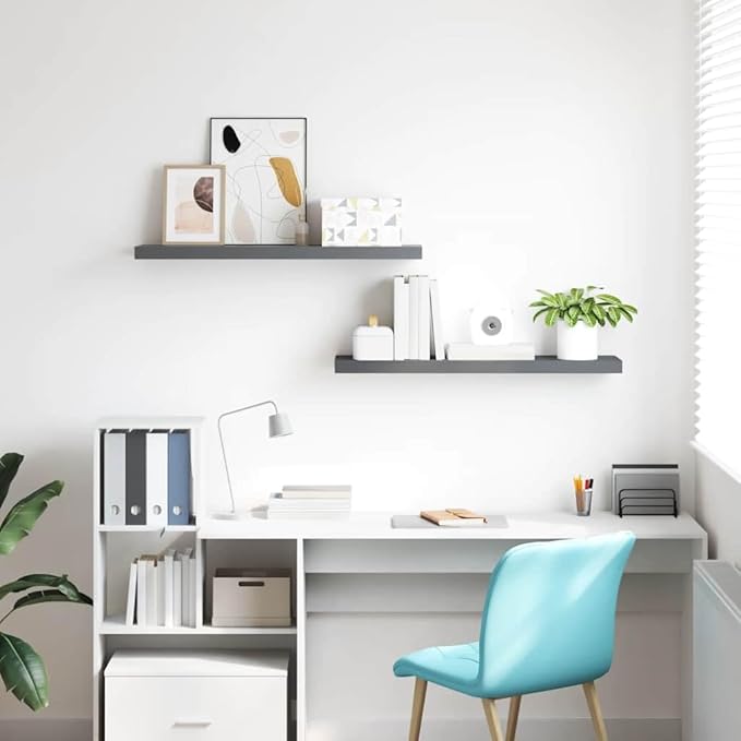 Set of 2 Floating Wall Shelves, 47.2 Inch Modern Wall Mounted Shelving Units, High Gloss Grey MDF Display Ledges for Living Room Bedroom Office