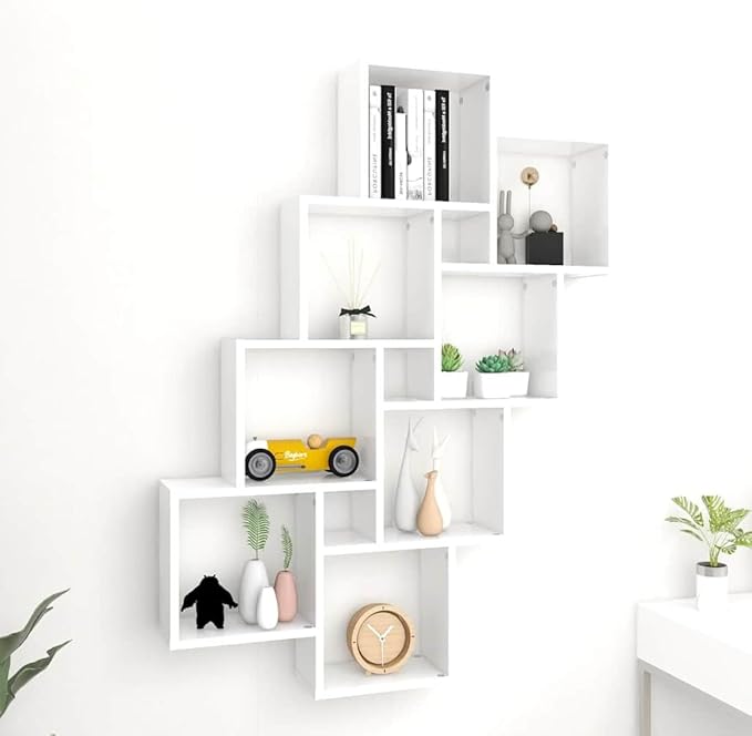 Wall Mounted Cube Shelf, 10-Compartment Floating Storage Organizer, Modern Engineered Wood Display Shelving Unit for Bedroom and Living Room, White, 35.4 x 35.4 x 46.9 Inches