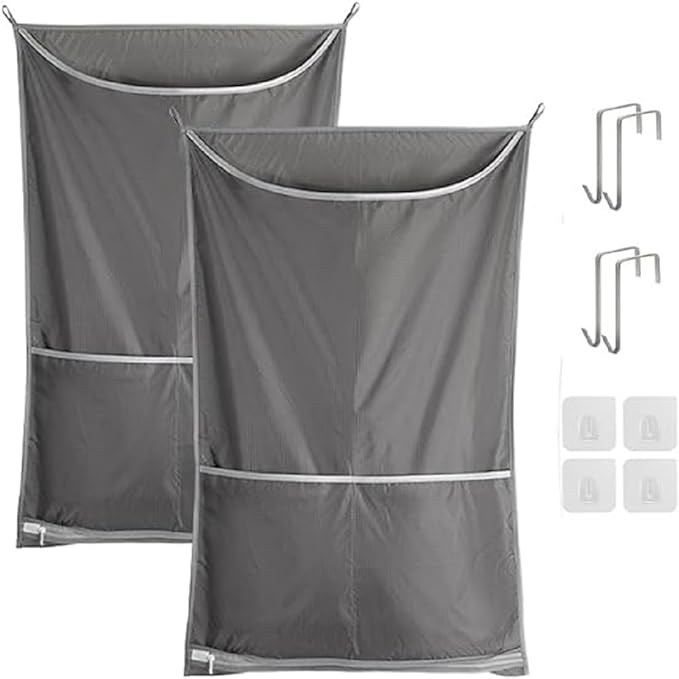 Hanging Laundry Hamper, Over The Door Laundry Hamper, Hanging Laundry Bag with Pockets Zipper Foldable Lightweight, For Rv Camper Apartment College Dorm Room Storage Small Space Organizer, 2 Grey Pack