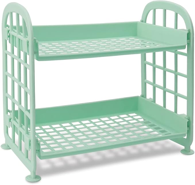 Desktop Rack Cosmetic Stationery Storage Holder, 2-Tier Multifunctional Plastic Shelf Makeup Organizer for Skincare Office Kitchen Bedroom Bathroom Home (Light Green)