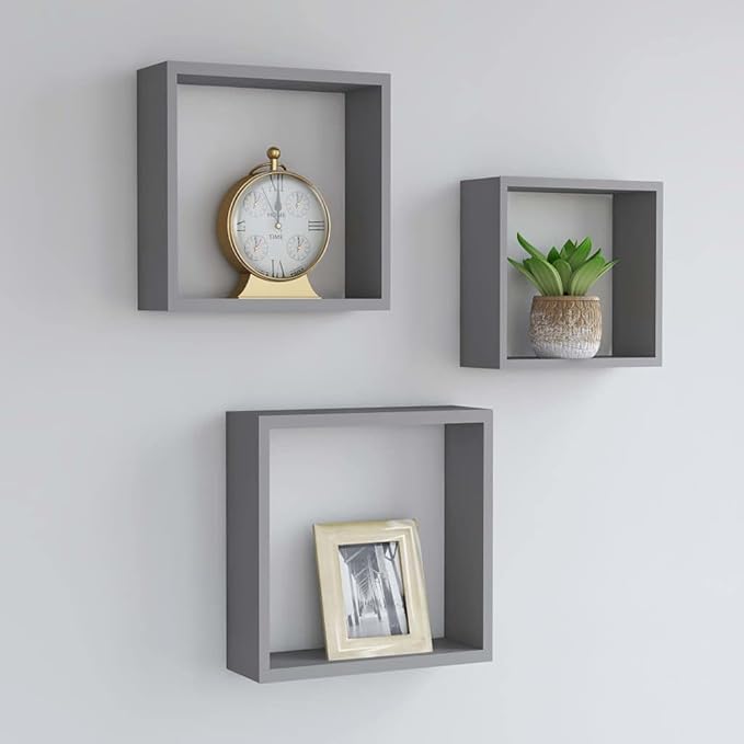Wall Cube Shelves 3 pcs Gray MDF Corner Organizer Set with Invisible Mounting System for Living Room Bedroom Decor Display Books Plants