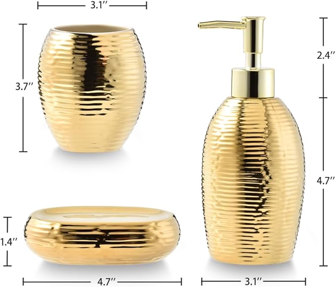 Gold Bathroom Accessory Set - 3 Piece Striped Style Decorative Ceramic Bathroom Accessories Sets with Lotion Soap Dispenser, Toothbrush Holder/Tumbler and Soap Dish, Golden Gift Set for New Home Decor