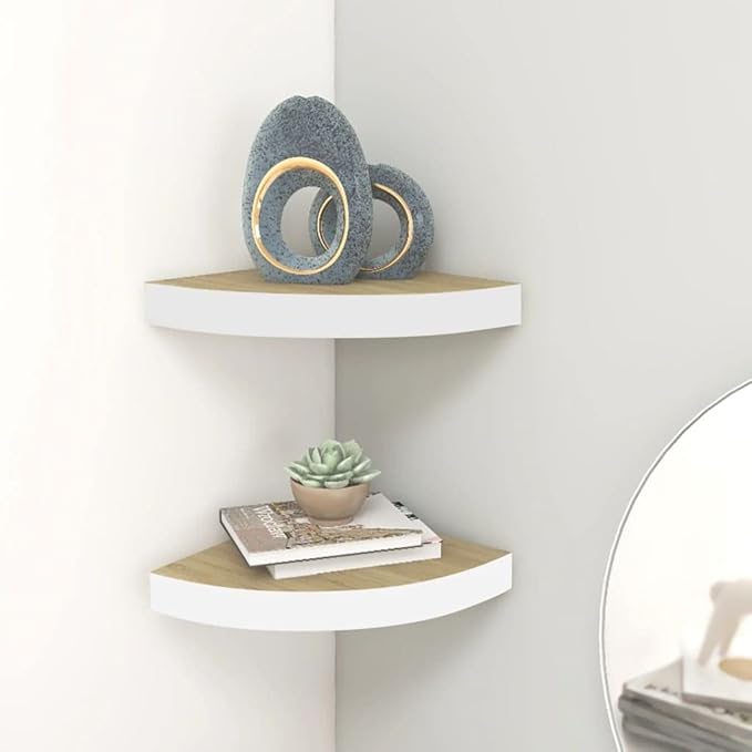 Wall Corner Shelves 2 Pack Oak White Floating Display Shelves 9.8x9.8x1.5 Inches MDF Honeycomb Metal for Home Decor Books Photos Awards