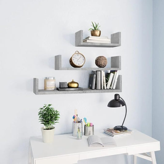 Set of 3 Floating Shelves, Wall Mounted Storage Shelves for Living Room, Bedroom, Kitchen, Matte Grey Engineered Wood Display Ledges, Modern Decorative Home Decor