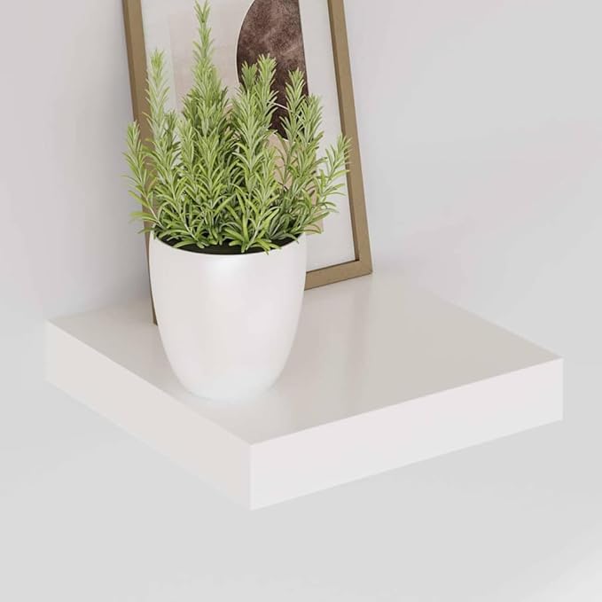 Floating Wall Shelves Set of 2, Modern Invisible Mounting Display Shelves for Living Room & Office, High Gloss White Honeycomb MDF with Metal Frame, 9.1x9.3x1.5 Inches, Holds 11 lbs Each