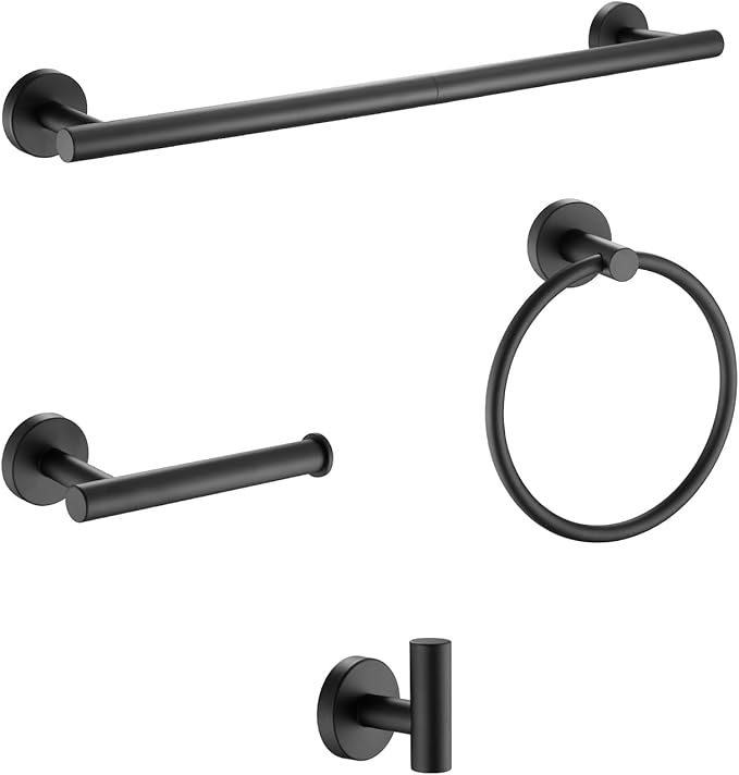 Matte Black Towel Bar Set,18in Bathroom Hardware Accessories Set Wall-Mounted Adjustable 304 Stainless Steel Round 4-Piece Bathroom Accessories Kit