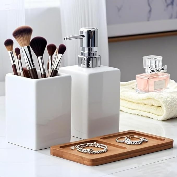 White Bathroom Accessories Set,Ceramic Soap Dispenser and Toothbrush Holder with Tray,Modern Decor Square Countertop Bath Set with Toothbrush Cup
