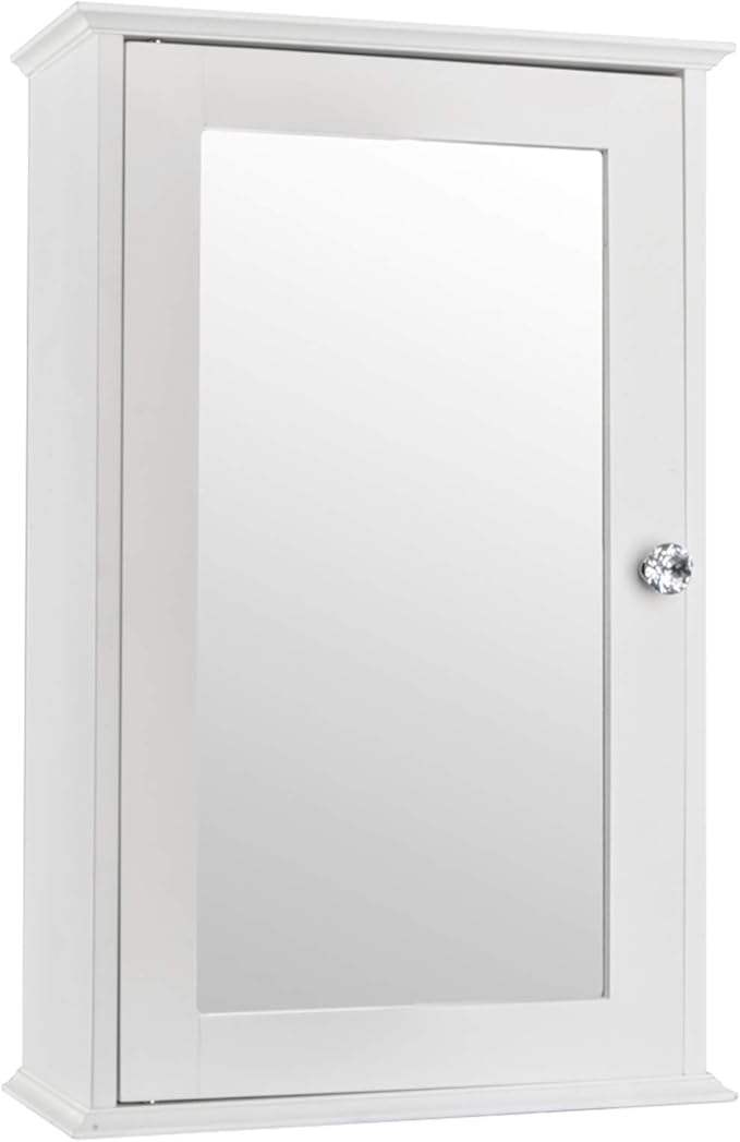 White Mirrored Bathroom Medicine Cabinet, Wall Mount Bathroom Storage Cabinet with with Single Glass Door & Adjustable Shelf