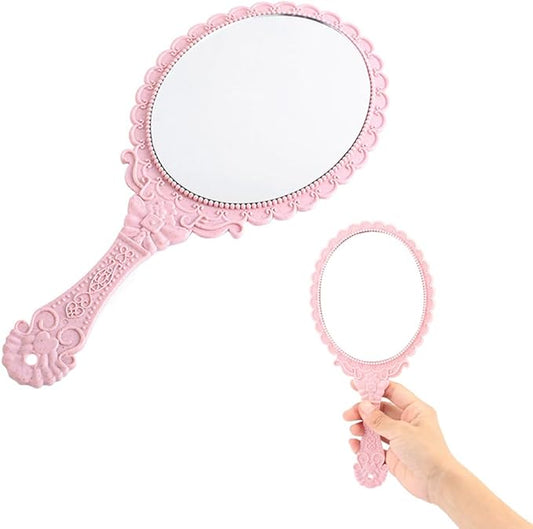 AKOAK Vintage Handheld Makeup Mirror, Exquisite Embossed Decorative Handle Makeup Mirror Portable Travel Mirror for Girls and Ladies (Oval, Pink)