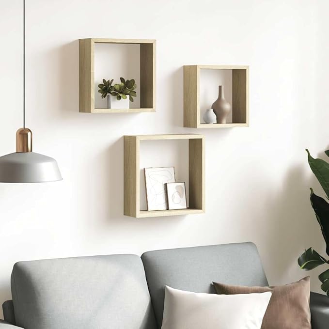 Wall Cube Shelf Set of 3, Floating Shelves for Wall Decor, Sonoma Oak Wood Storage Organizer, Modern Display Shelves for Living Room Bedroom, Square Decorative Shelving