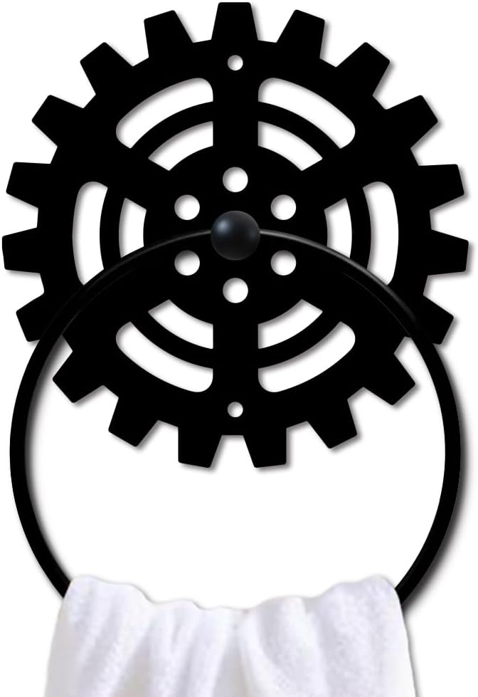 MAYJOYDIY Mechanical Gear Metal Towel Ring Gear Industrial Style Towel Holder Wall Decor Towel Hanger Black Art Towel Rack Wall Mounted for Bathroom Kitchen Home Decors Gift