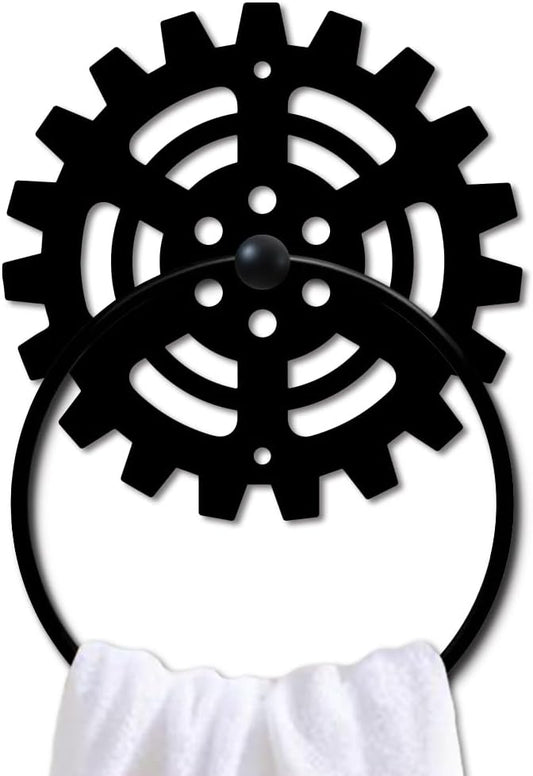 MAYJOYDIY Mechanical Gear Metal Towel Ring Gear Industrial Style Towel Holder Wall Decor Towel Hanger Black Art Towel Rack Wall Mounted for Bathroom Kitchen Home Decors Gift