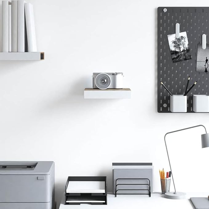 Floating Wall Shelf with Invisible Mount, Modern Oak and White Display Shelf for Living Room, 9.1x9.3 Inches, Holds 11 lbs for Books, Awards, and Decor