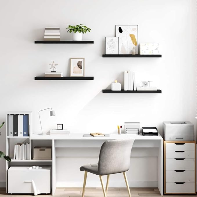 Floating Wall Shelves Set of 4, Modern Black Display Shelves 31.5x9.3 Inches, Invisible Mounting for Living Room Bedroom, Durable MDF and Metal Frame for Books Decor Plants Photos