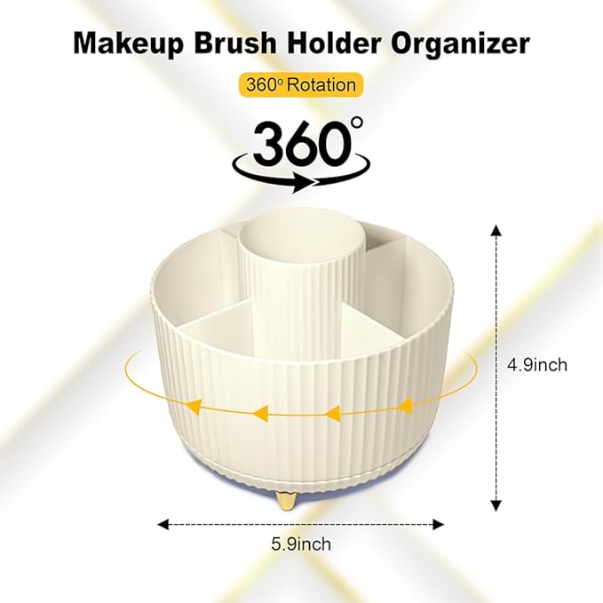 WILL OAK Makeup Brush Organiser - Large Compartment Cosmetic Organizer -Eyeliner, Nail Polish, Art Supply, Bathroom Vanity Desktop Organizer (Cream)