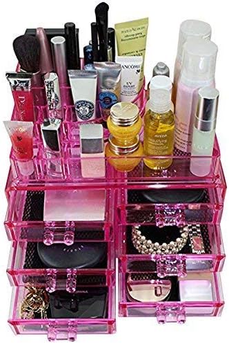 Pink Acrylic Cosmetics Makeup Jewelry Organizer 6 Drawers with 8 Compartments Top Section ( idea for Christmas, birthday gift)