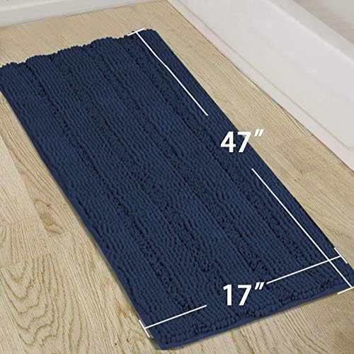 Turquoize Plush Chenille Bathroom Runner 47"x 17" Blue Non Slip Shower Mat, Extra Soft and Absorbent Thick Shaggy Shaggy Rug for Tub, Navy