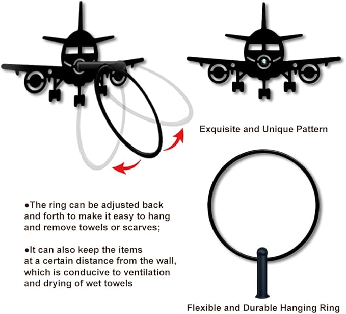 MAYJOYDIY Airplane Metal Towel Ring Model Aircraft Towel Holder for Wall Transportation Wall Decor Towel Hanger Black Art Towel Rack Wall Mounted for Bathroom Kitchen Home Boys Room Decors Gift