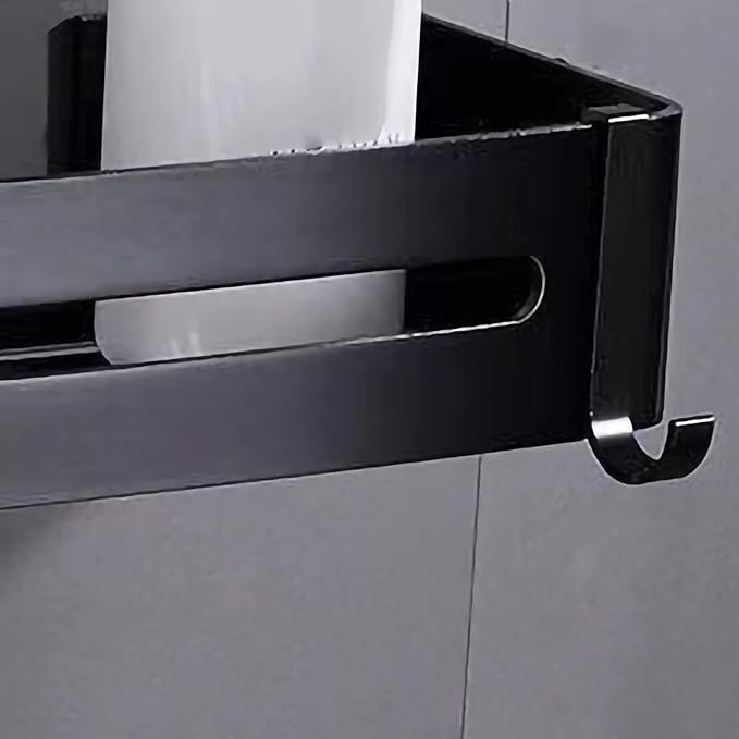 Wall Mounted Stylish Bathroom Shelf with Strong Load Bearing, Aluminum Alloy Kitchen Rack, Corner Storage Organizer for Home and Hotel (Rectangular Black)