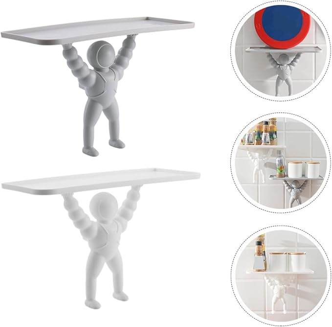 2pcs Wall-Mounted Spaceman Storage Rack Bathroom Shelf No-Drill Hanging Organizer Decorative Bathroom Wall Rack for Shampoo Razor Toothbrush Holder
