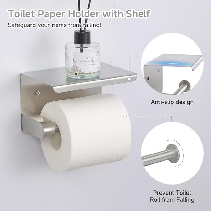 7-Piece Bathroom Hardware Accessories Set SUS304 Stainless Steel Towel Bar Set Wall Mounted 25.9-Inch Towel Rack, Towel Ring, Toilet Paper Holder with Shelf & 4 Hooks, Silver
