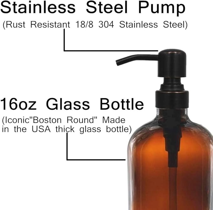 Amber Glass Jar Soap Dispenser with Oil Rubbed Bronze Pump,16oz Round Bottle Dispenser with Stainless Steel Pump, Bathroom Soap Dispenser Set for Home Decor, Farmhouse & Kitchen Decor
