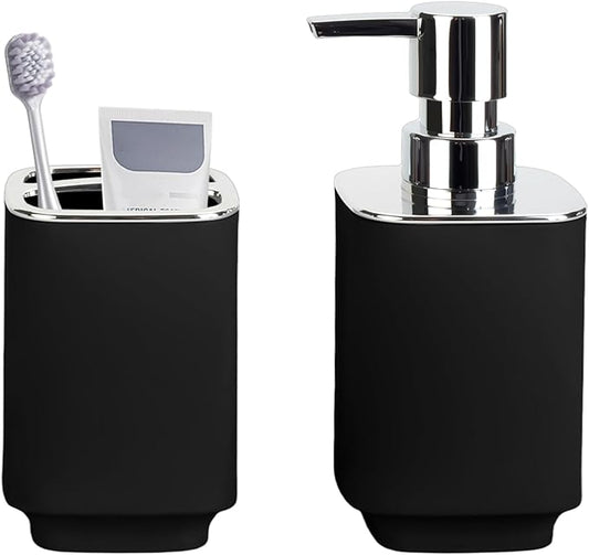 Black Bathroom Accessories 2 Pieces, Soap Dispenser and Toothbrush Holder Set for Boho Bathroom