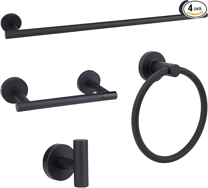 Matte Black Bathroom Hardware Accessories Set 4 Pieces,Towel Bar Set Stainless Steel Wall Mounted, Includes 24 in Hand Towel Bar, Towel Ring, Toilet Paper Holder, Bathroom Towel Rack Set