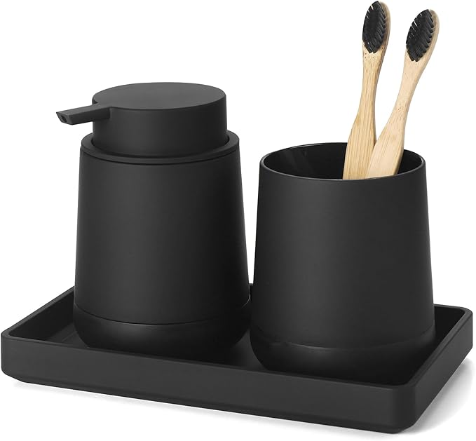 GAHEFY Black Bathroom Countertop Accessories Set - Soap Dispenser and Toothbrush Holder with Silicone Boot,Vanity Tray (Black Liquid)