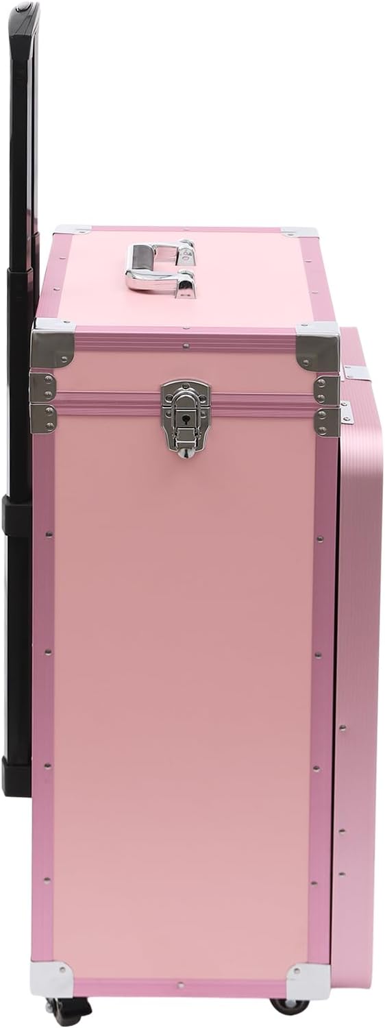 Upgraded Rolling Makeup Case, Foldable Nail Tables Travel Cosmetic Trolley Storage Organizer with 4 Drawers Mirror Pink Nail Table Large Storage Makeup Organizer