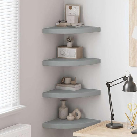 Corner Shelf Set of 4, Wall Mounted Floating Triangular Shelves for Living Room, Small Modern Matte Grey MDF Storage Shelving for Books and Decor