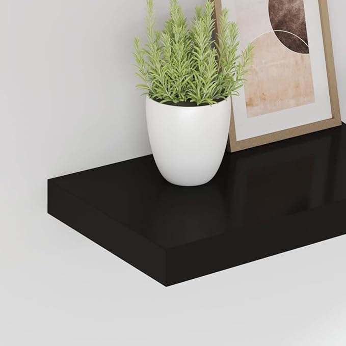 Set of 4 Wall Shelves, Modern Floating Shelves for Wall Decor, MDF Wood Storage Display Shelf for Bedroom, Living Room, Kitchen - Matte Black