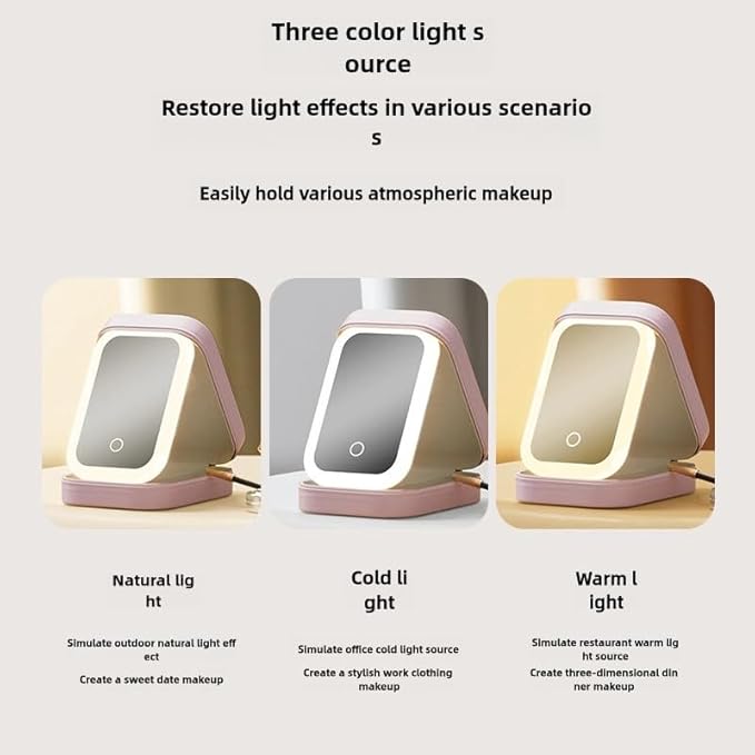 Cosmetic storage box with light mirror integrated dresser desktop skincare organizer Dustproof portable box (Cream white storage box)