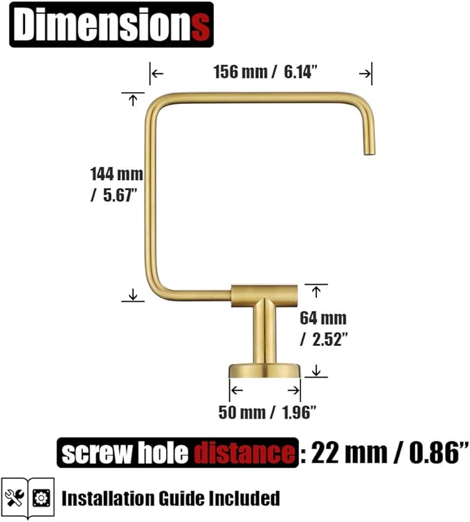 JQK Towel Ring Brushed Gold, Stainless Steel Square Ring Towel Holder for Bathroom, 6 Inch Brushed Gold Wall Mount, TR140-BG