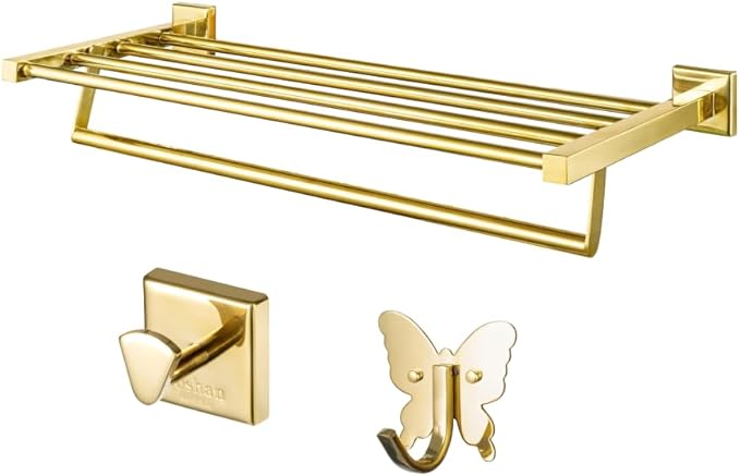 Roshan Handcrafted and Hand Polished Multi Purpose Towel Rack, Rust Proof and Peel Resistant Towel Shelf, Includes 2 Handmade Hooks (Polished Gold)