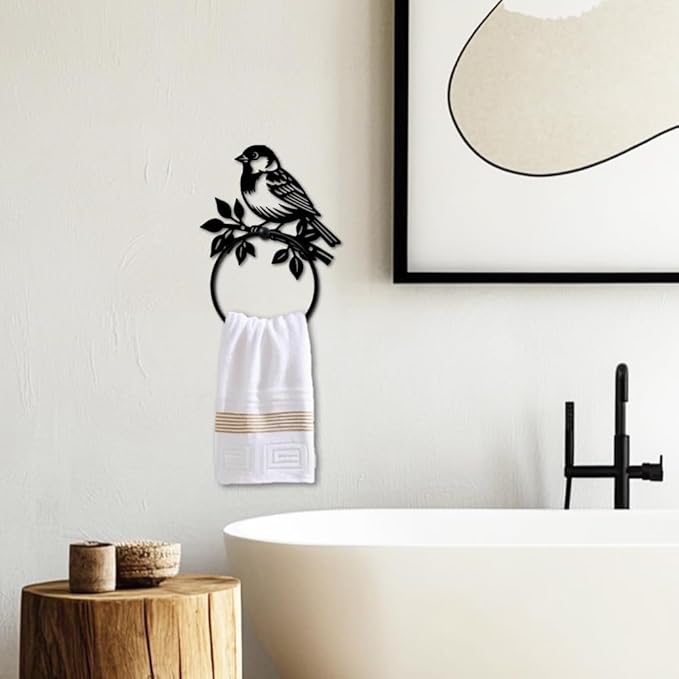 MAYJOYDIY Bird Metal Towel Ring Round Branch Bird Hand Towel Holder Ring Hanger Black Vintage Towels Wall Organizer for Kitchen Bath Home Laundry Room Decors Gifts