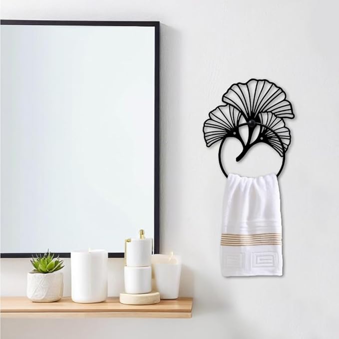 MAYJOYDIY Ginkgo Leaf Metal Towel Ring Plant Leaves Towel Holder for Wall Natural Plant Ginkgo Biloba Black Art Towel Rack Wall Mounted for Bathroom Kitchen Towel Hanger Home Decors Gift