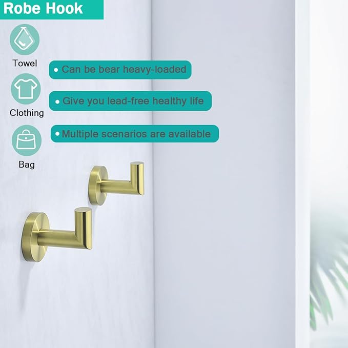 Brushed Gold Bathroom Hardware Accessories Set 4 Pieces Bath Towel Bar Set with 18 Inch Towel Bar,Toilet Paper Holder,Towel Hooks,SUS 304 Stainless Steel Wall Mounted Bathroom Towel Rack Set