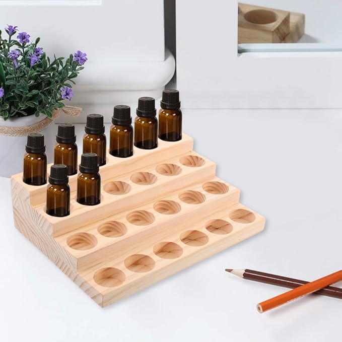 Healifty Wooden Essential Oil Organizer Rack 24 Slots Bottle Display Stand for 30Ml Dropper Bottles Perfume Nail Polish Storage Desktop Organizer