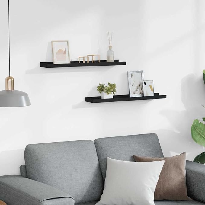 Floating Picture Frame Ledge Shelves Set of 2, 23.6 Inch Wall Mounted Display Shelf for Photos, Art, and Decor, Modern Minimalist MDF Storage Rack, Black