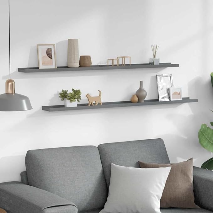 Set of 2 Floating Wall Shelves, 45.3 Inch Long Modern Wall Mounted Display Ledges for Bedroom and Living Room, Matte Grey MDF Storage Shelves
