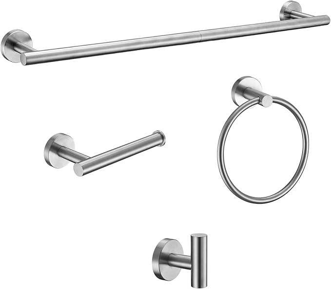 Bathroom Hardware Accessories Set Towel Bar Set Brushed Nickel 4-Pieces 24 Inches Adjustable Bathroom Towel Rack Round Bathroom Kit Wall Mounted Durable SUS304 Stainless Steel