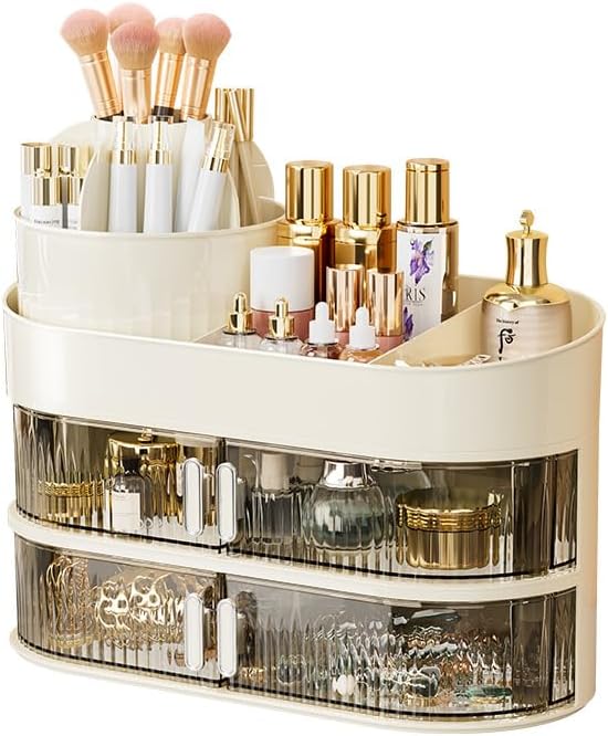 Makeup Organizer for Vanity 360 Rotating Brush Holder Cosmetic Storage with Dustproof Drawer Large Countertop Skincare Display Case for Jewelry Perfume Lotions