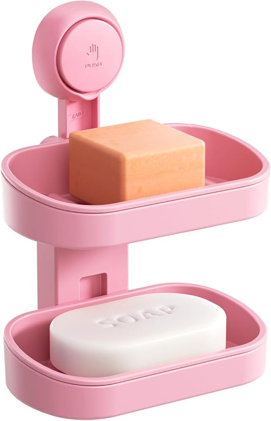 TAILI Soap Holder Soap Dish for Shower, Suction Cup Soap Holder for Shower Wall, Bathroom Accessories, Removable Strong Hold Soap Saver, Drill Free Double Soap Dish, Pink 2 Layer