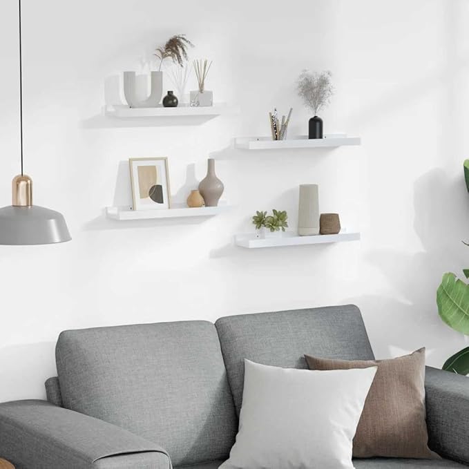 Wall Shelves Set of 4, High Gloss White Floating Shelves 15.7x3.5x1.2 Inches, Modern Decorative Storage for Living Room Bathroom, Easy Mount Shelving for Plants Books Decor, Durable MDF Board