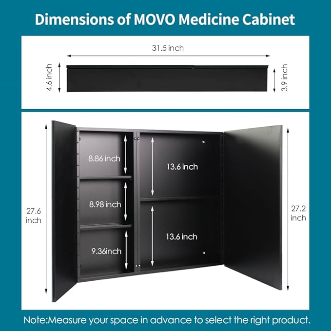 Movo 32 Inch x 28 Inch Mirrored Medicine Cabinet, Frameless Black Medicine Cabinet for Bathroom with Mirror,Surface Mount Bathroom Medicine Cabinet with Storage