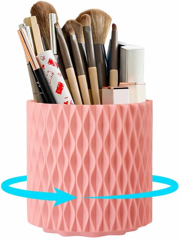 Makeup Brush Holder Organizer, 360?? Rotating 5-Slot Make up Brushes Cup for Cosmetic, Lipstick, Hair Brush Holder - Spinning Vanity Countertop Caddy for Bathroom, Dorm & Office, Pink