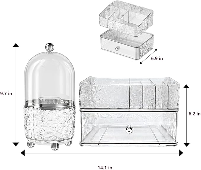 CrazyHome Makeup Organizer Countertop | Cosmetic Organizer for Vanity | Clear Organizers for Skincare, Lipstick 3-in-1 Makeup Storage Combo with Rotating Brush Holder & Stackable Drawer Box